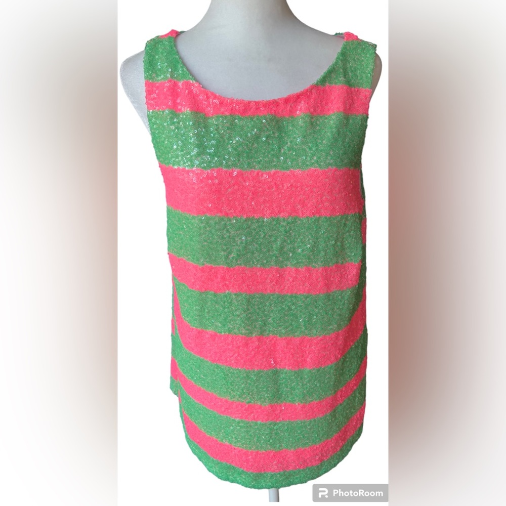 Lilly Pulitzer Regina Tropical Pink Green Cucina Striped Sequin Tank Size Medium - Picture 11 of 11